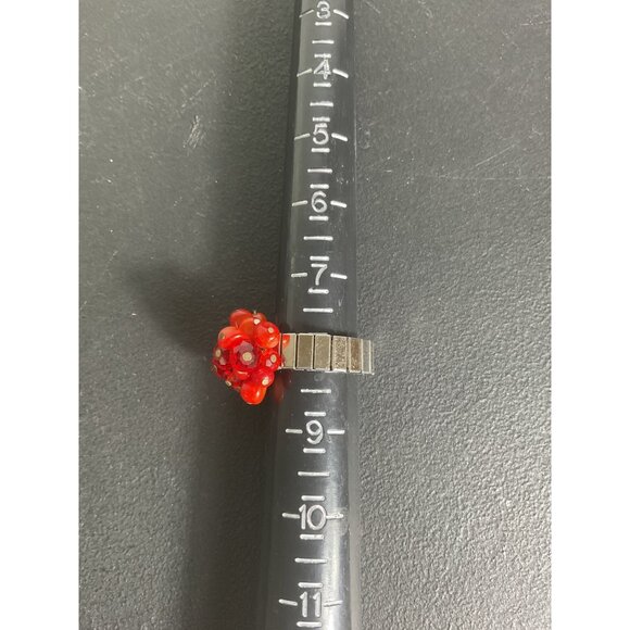 Stretchy Cluster Red Bead Ring With Adjustable Band And Stainless Steel Accents - Picture 2 of 5